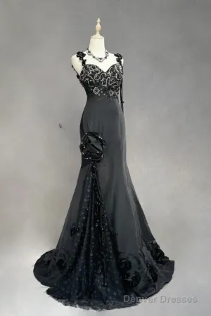 Elegant Black Mermaid Satin Beaded Sequin Long Prom Dress, Sweetheart Neck Evening Dress