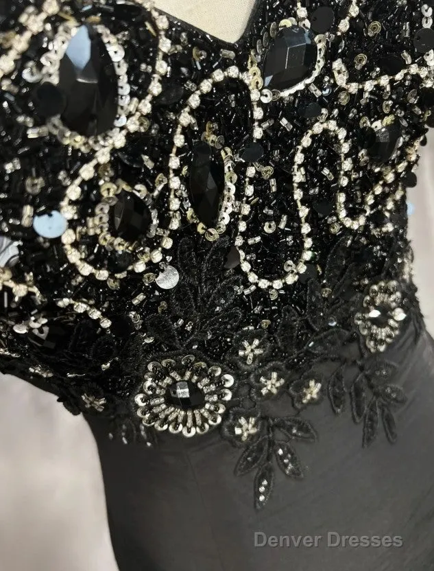 Elegant Black Mermaid Satin Beaded Sequin Long Prom Dress, Sweetheart Neck Evening Dress