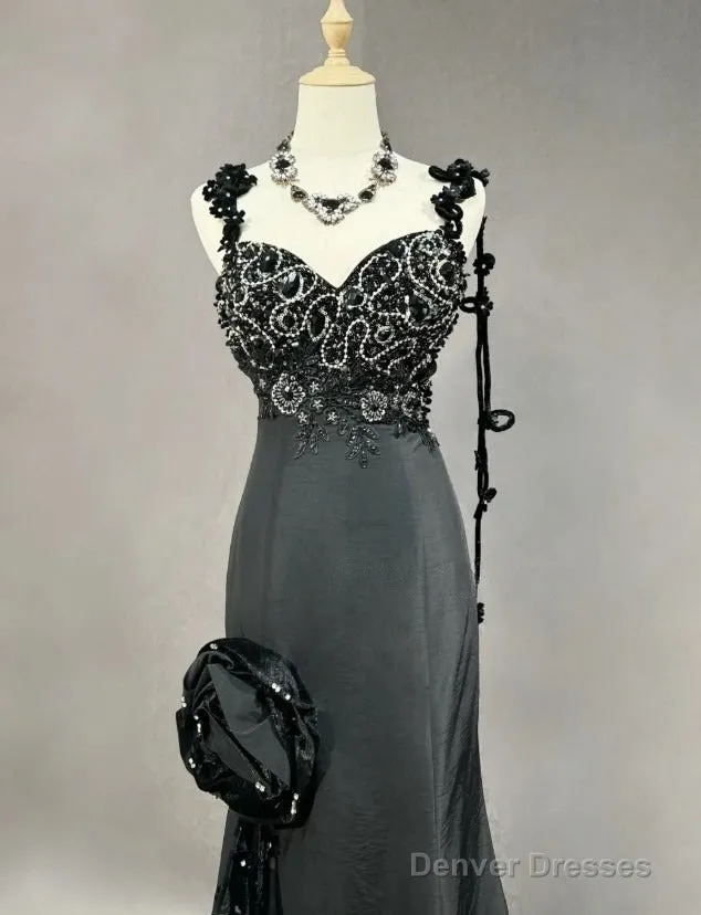Elegant Black Mermaid Satin Beaded Sequin Long Prom Dress, Sweetheart Neck Evening Dress