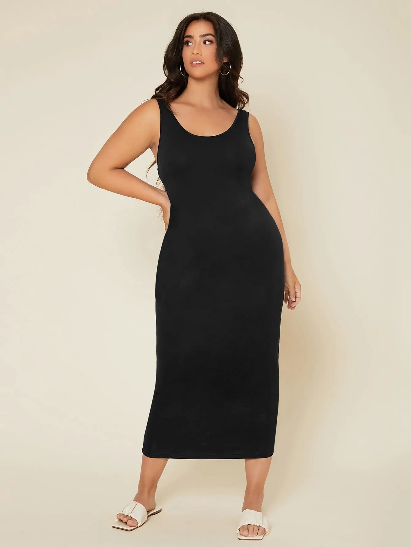 Elegant Plain Sleeveless Scoop Neck Pencil Natural Long Plus Size Dress