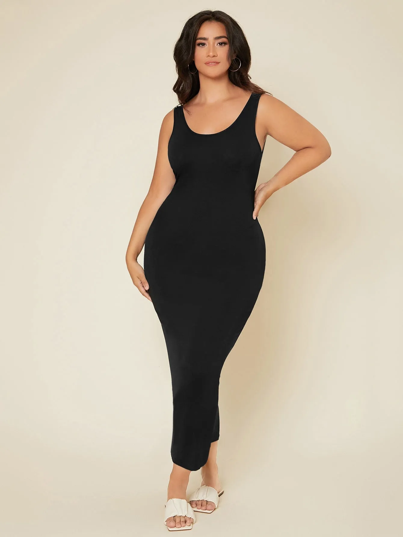 Elegant Plain Sleeveless Scoop Neck Pencil Natural Long Plus Size Dress