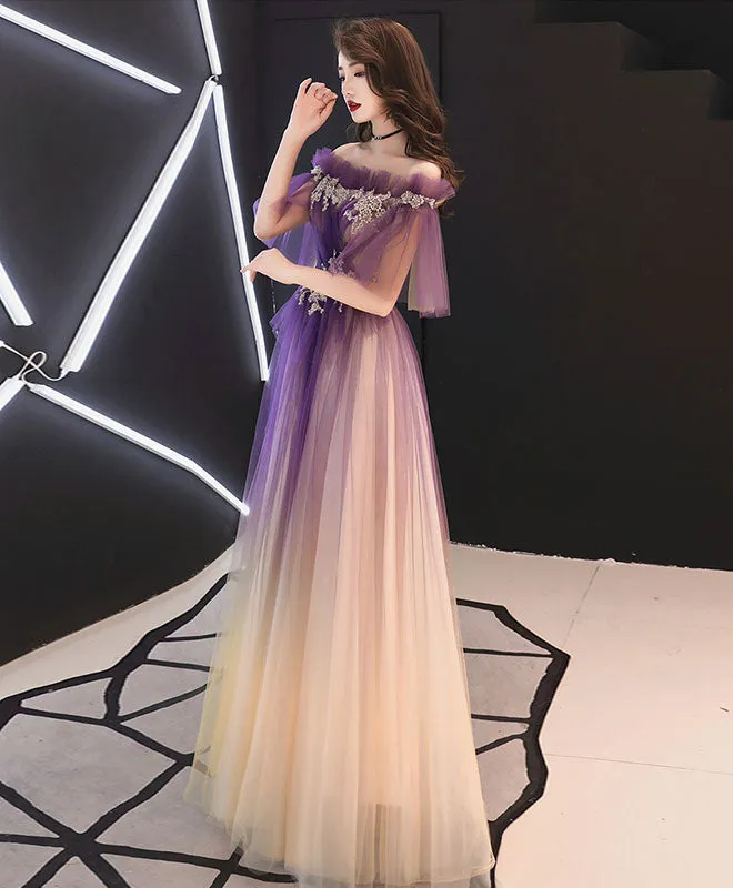 Elegant Tulle Lace Long Prom Dress Purple Tulle Evening Dress