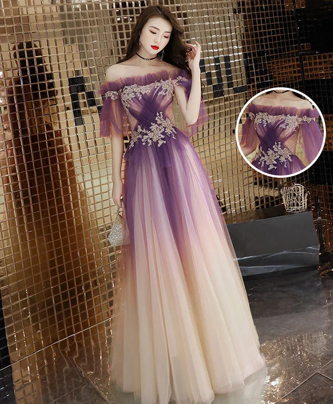 Elegant Tulle Lace Long Prom Dress Purple Tulle Evening Dress