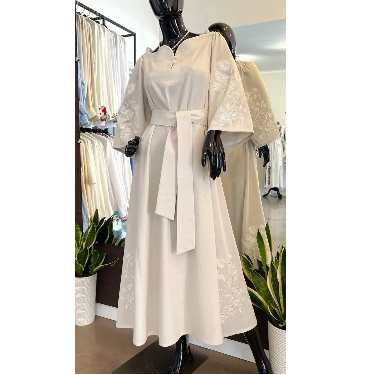 Elegant Ukrainian linen dress with embroidery