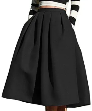 Face N Face Women's High Waisted A line Street Skirt Skater Pleated Full Midi Skirt Medium Black