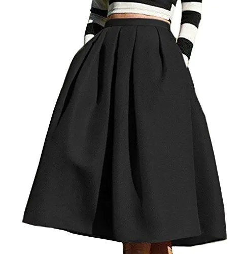 Face N Face Women's High Waisted A line Street Skirt Skater Pleated Full Midi Skirt Medium Black