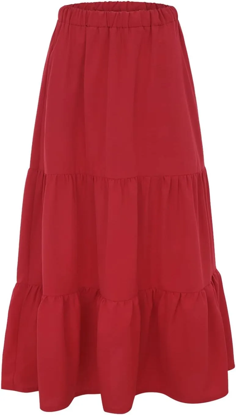 Flowy Maxi Skirt for Women Elastic High Waist Pleated Long A-Line Skirts Boho Tiered 2025 Summer Vacation Skirt