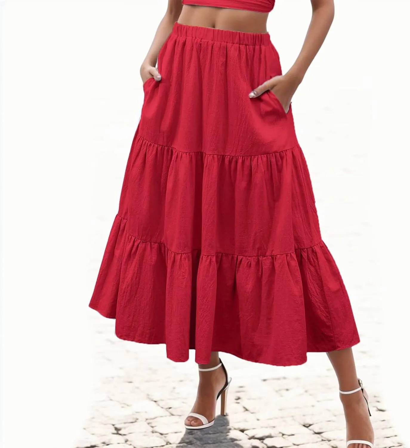 Flowy Maxi Skirt for Women Elastic High Waist Pleated Long A-Line Skirts Boho Tiered 2025 Summer Vacation Skirt