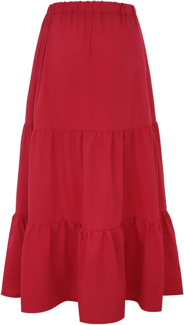Flowy Maxi Skirt for Women Elastic High Waist Pleated Long A-Line Skirts Boho Tiered 2025 Summer Vacation Skirt
