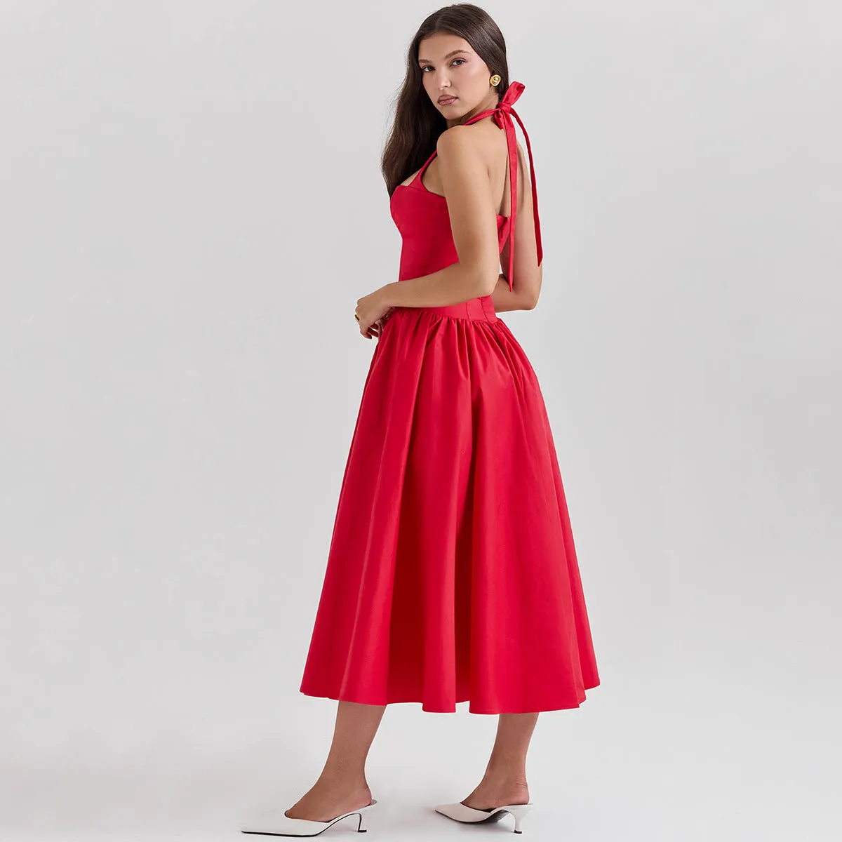 Flytonn Summer Women Halter Dress 2025 Red Elegant Fit and Flare Birthday Dress Long Casual Sexy Dress Female Clothing-nye outfits