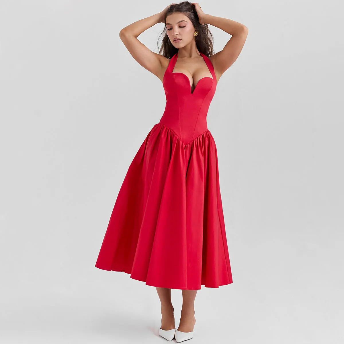 Flytonn Summer Women Halter Dress 2025 Red Elegant Fit and Flare Birthday Dress Long Casual Sexy Dress Female Clothing-nye outfits