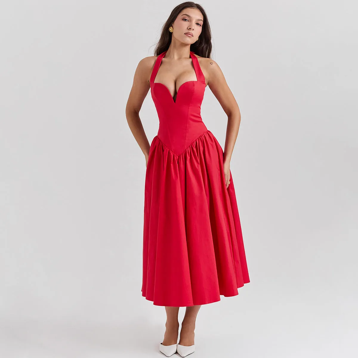 Flytonn Summer Women Halter Dress 2025 Red Elegant Fit and Flare Birthday Dress Long Casual Sexy Dress Female Clothing-nye outfits
