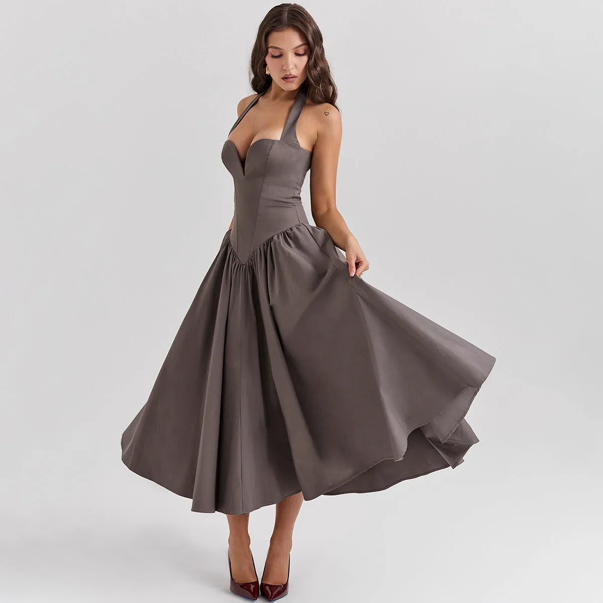 Flytonn Summer Women Halter Dress 2025 Red Elegant Fit and Flare Birthday Dress Long Casual Sexy Dress Female Clothing-nye outfits