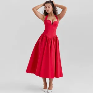 Flytonn Summer Women Halter Dress 2025 Red Elegant Fit and Flare Birthday Dress Long Casual Sexy Dress Female Clothing-nye outfits