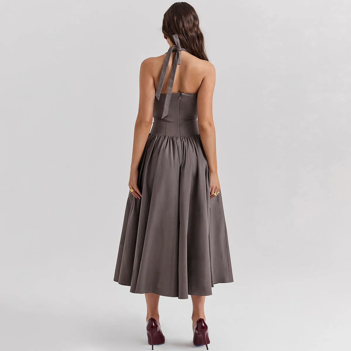Flytonn Summer Women Halter Dress 2025 Red Elegant Fit and Flare Birthday Dress Long Casual Sexy Dress Female Clothing-nye outfits