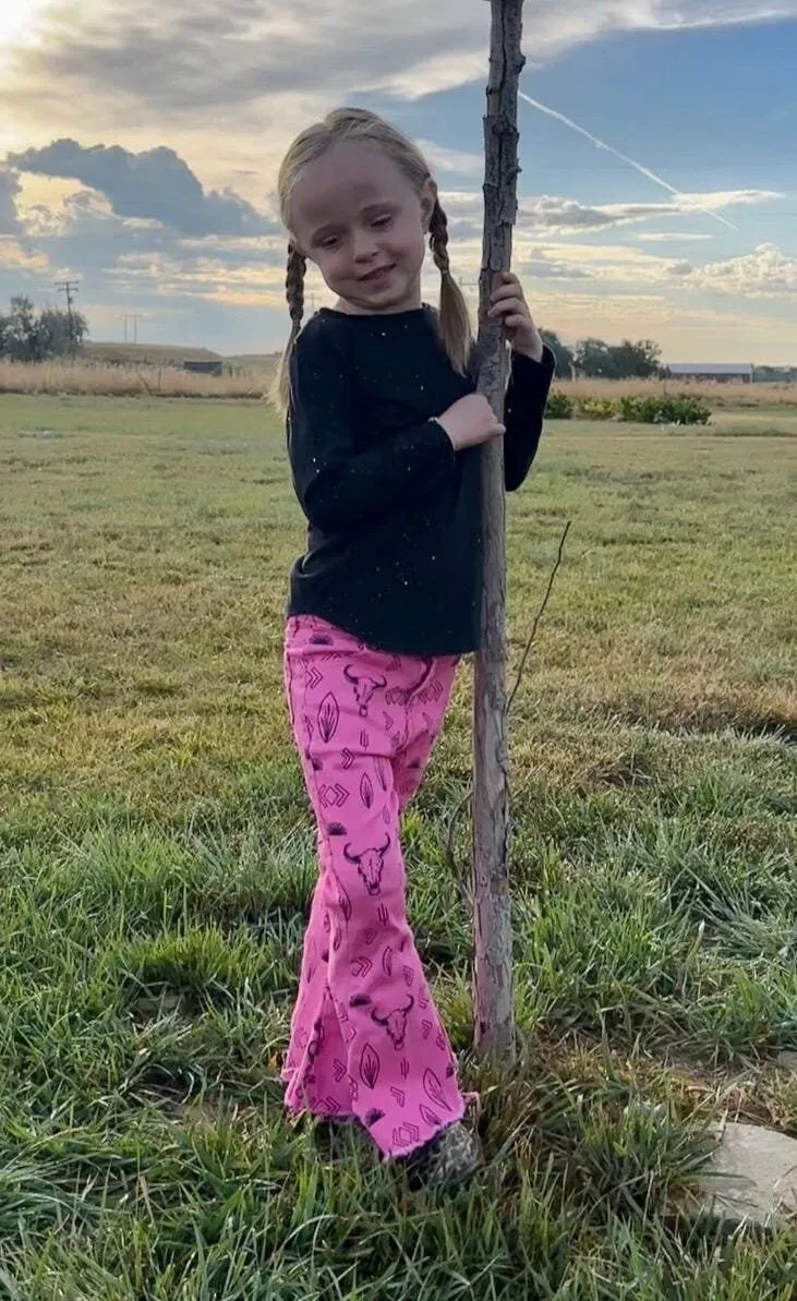 Girls Pink Cowgirl Jeans | Western Bell Bottom Jeans, Steerhead Cactus Arrow Cowboy Print Jeans
