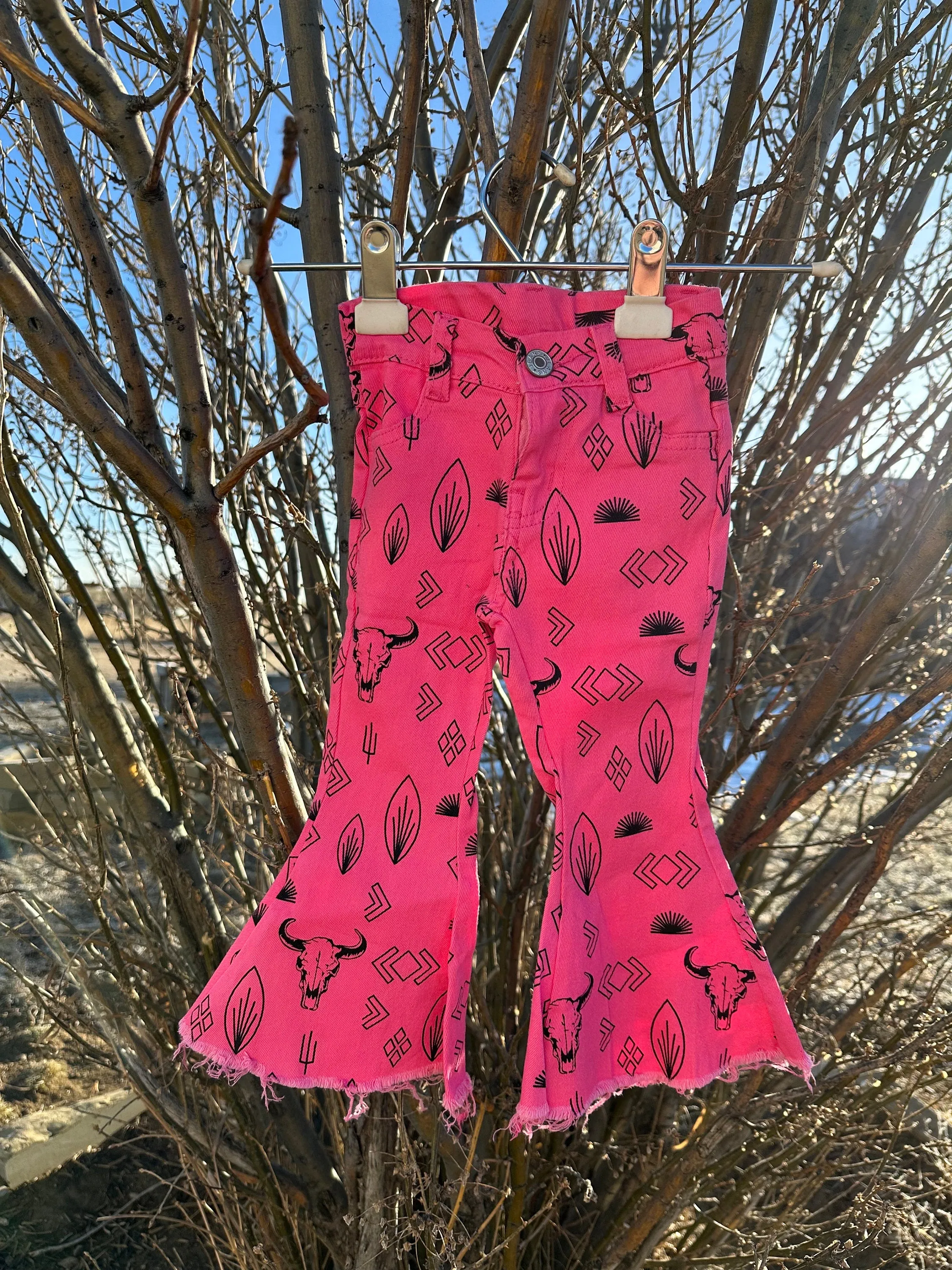 Girls Pink Cowgirl Jeans | Western Bell Bottom Jeans, Steerhead Cactus Arrow Cowboy Print Jeans