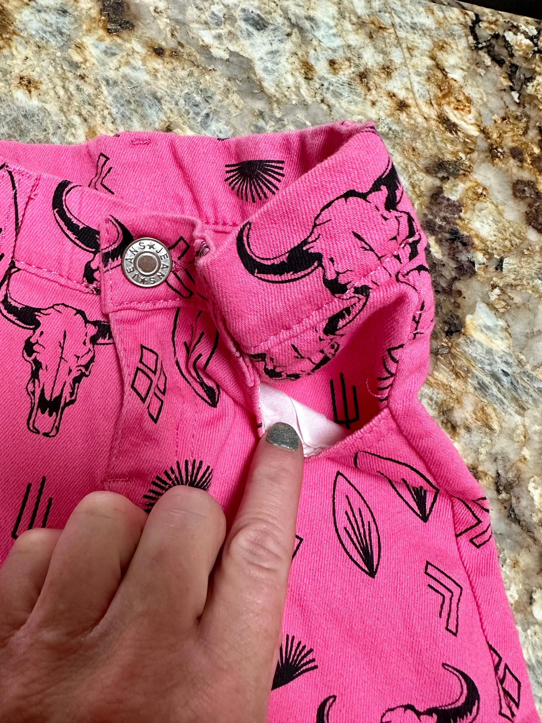 Girls Pink Cowgirl Jeans | Western Bell Bottom Jeans, Steerhead Cactus Arrow Cowboy Print Jeans