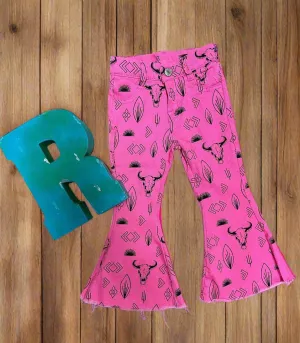 Girls Pink Cowgirl Jeans | Western Bell Bottom Jeans, Steerhead Cactus Arrow Cowboy Print Jeans