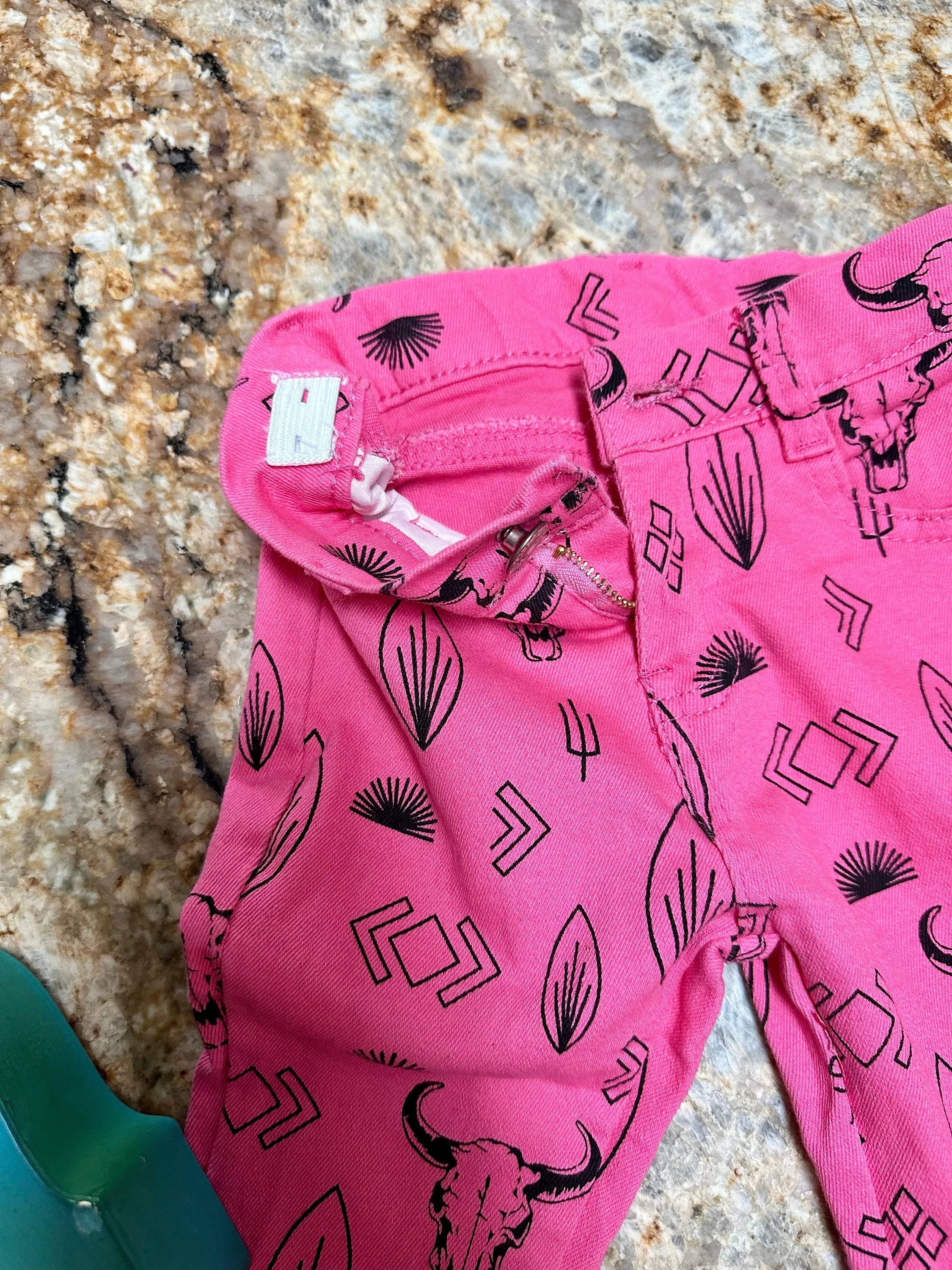 Girls Pink Cowgirl Jeans | Western Bell Bottom Jeans, Steerhead Cactus Arrow Cowboy Print Jeans