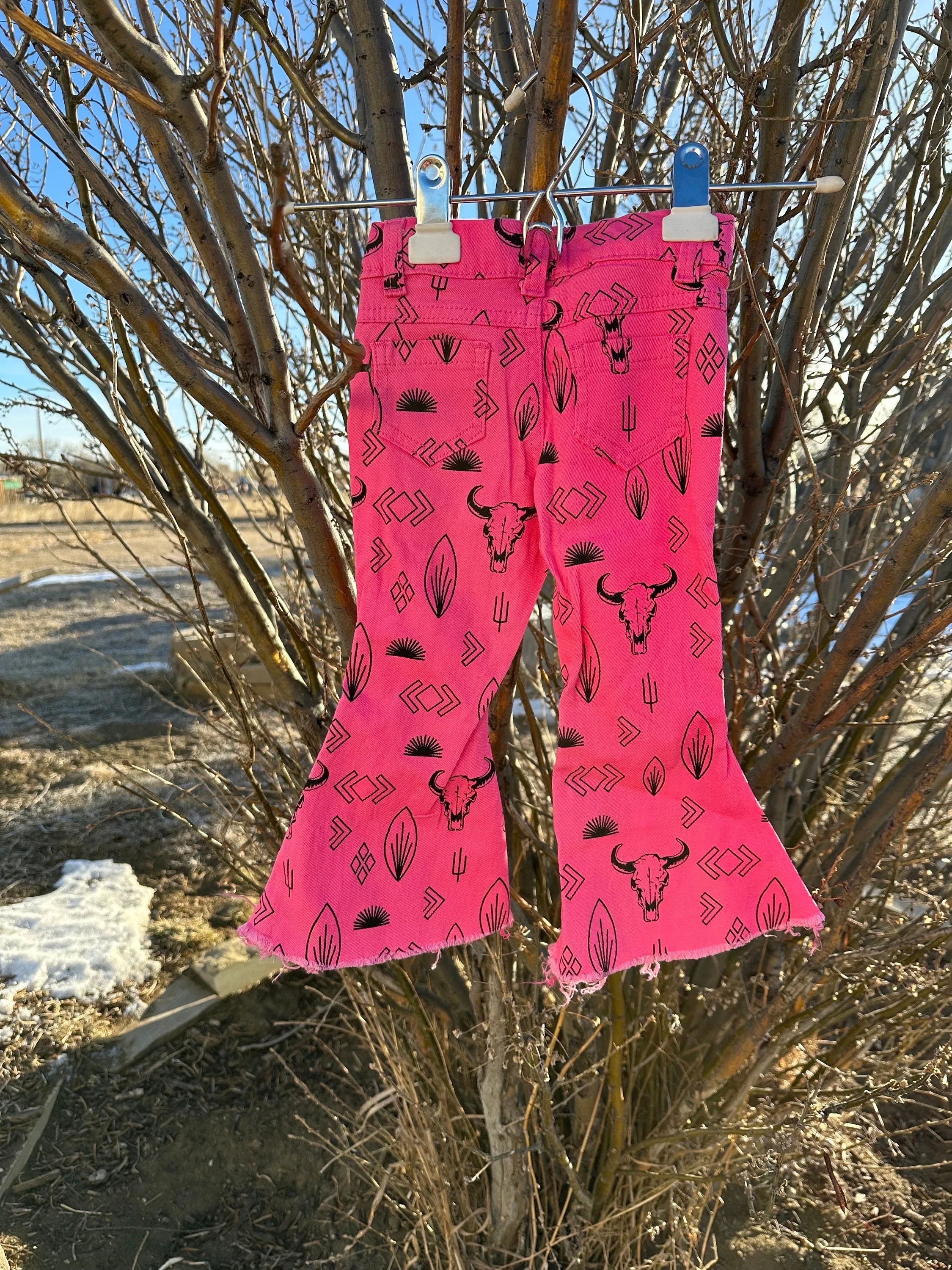 Girls Pink Cowgirl Jeans | Western Bell Bottom Jeans, Steerhead Cactus Arrow Cowboy Print Jeans