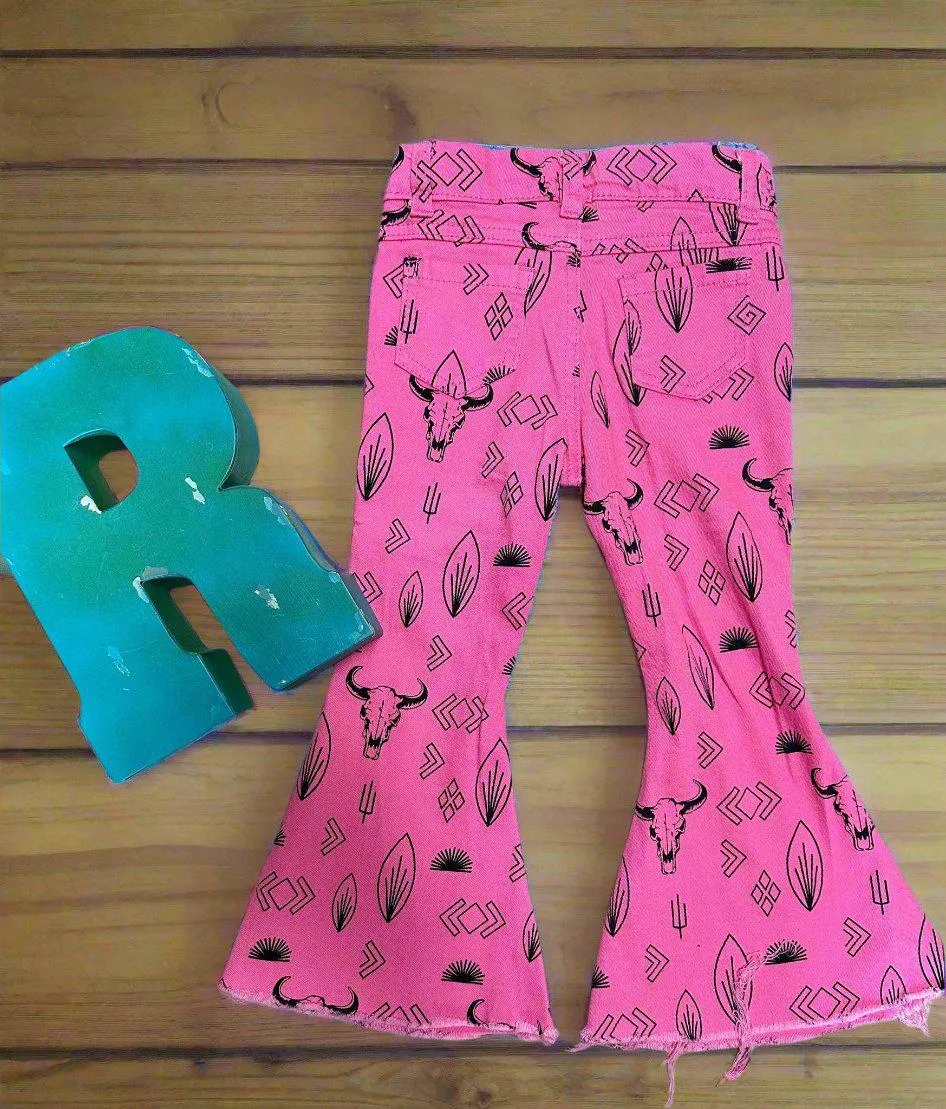 Girls Pink Cowgirl Jeans | Western Bell Bottom Jeans, Steerhead Cactus Arrow Cowboy Print Jeans