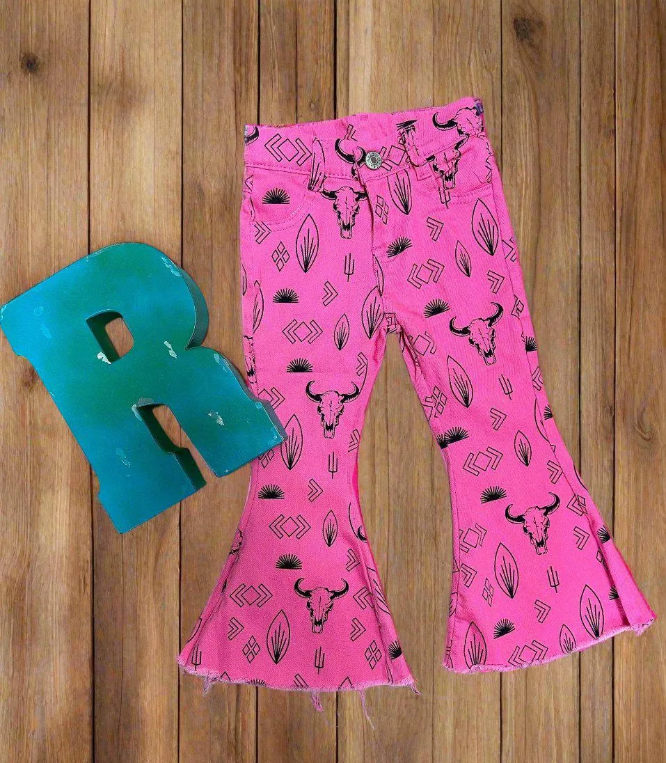 Girls Pink Cowgirl Jeans | Western Bell Bottom Jeans, Steerhead Cactus Arrow Cowboy Print Jeans