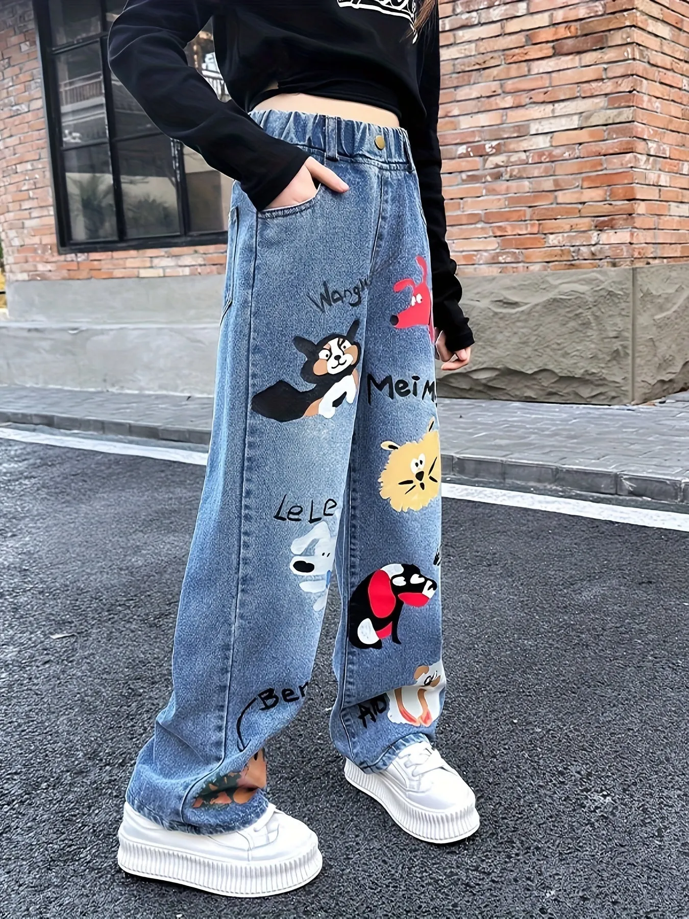 Girl's Trendy Cartoon Animal Pattern Wide Leg Jeans, Elastic Waist Streetwear For Summer Outdoor, Fluid Pants