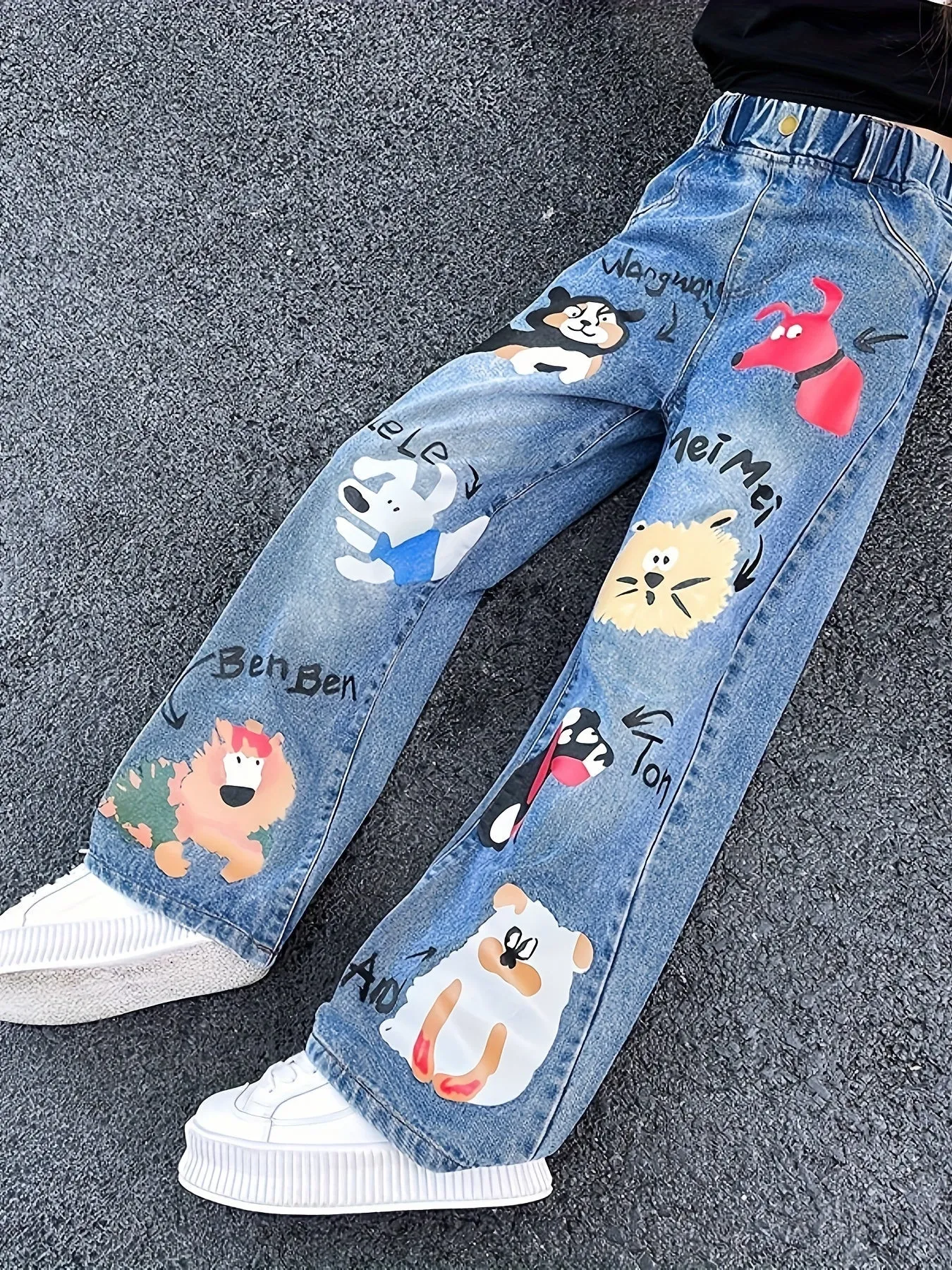 Girl's Trendy Cartoon Animal Pattern Wide Leg Jeans, Elastic Waist Streetwear For Summer Outdoor, Fluid Pants