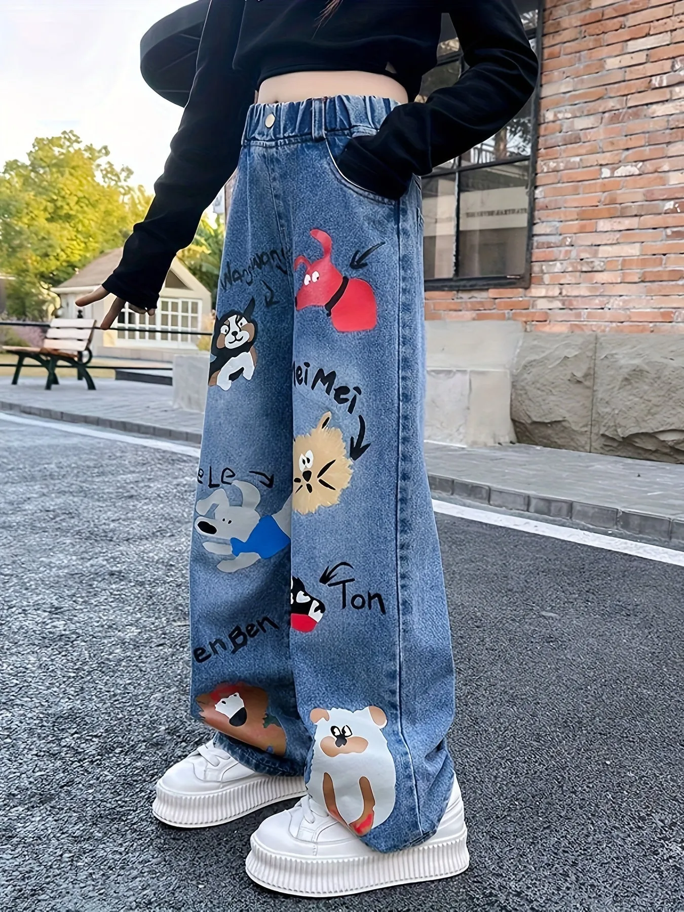 Girl's Trendy Cartoon Animal Pattern Wide Leg Jeans, Elastic Waist Streetwear For Summer Outdoor, Fluid Pants