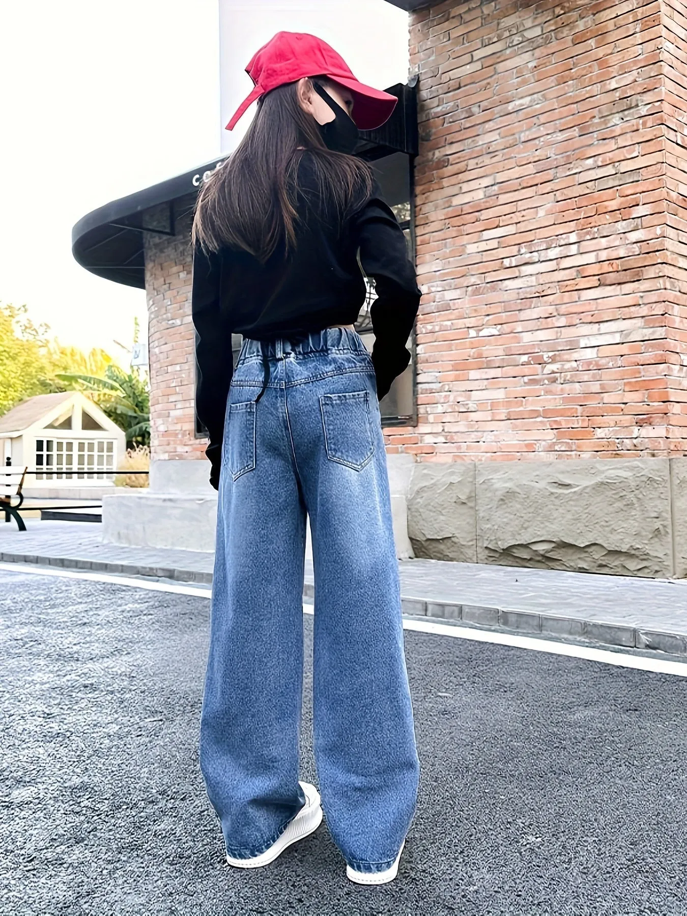 Girl's Trendy Cartoon Animal Pattern Wide Leg Jeans, Elastic Waist Streetwear For Summer Outdoor, Fluid Pants