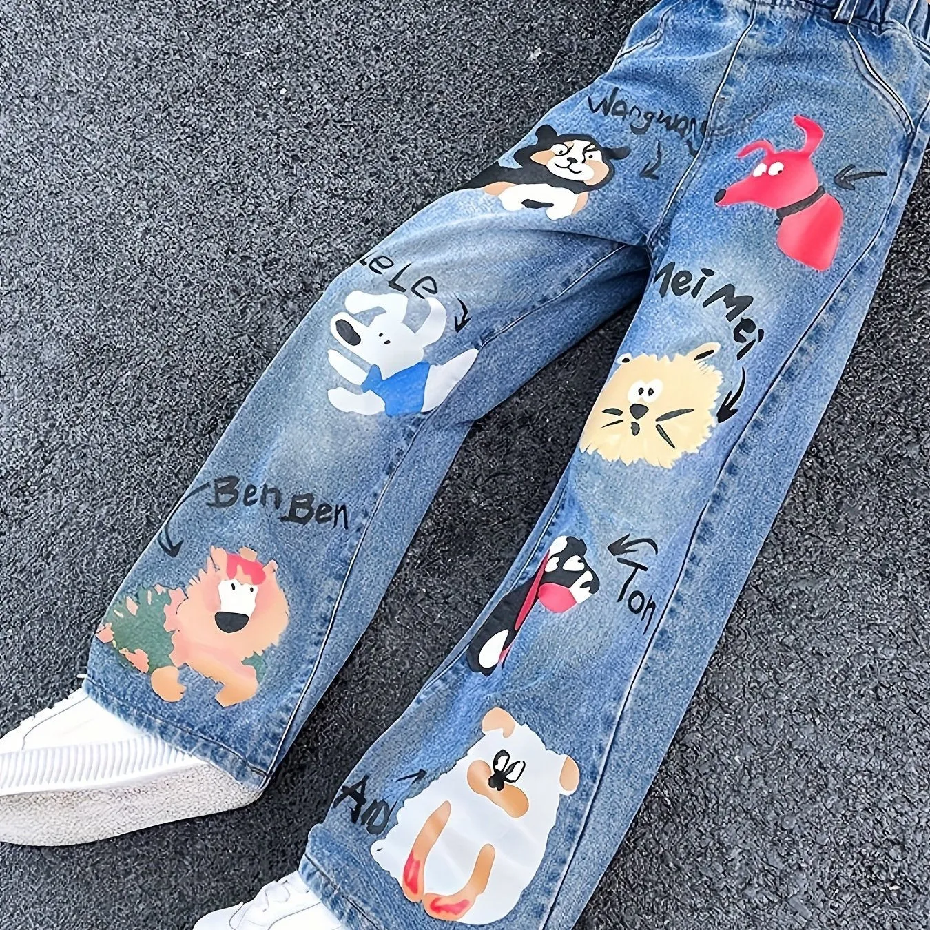 Girl's Trendy Cartoon Animal Pattern Wide Leg Jeans, Elastic Waist Streetwear For Summer Outdoor, Fluid Pants