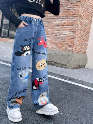 Girl's Trendy Cartoon Animal Pattern Wide Leg Jeans, Elastic Waist Streetwear For Summer Outdoor, Fluid Pants