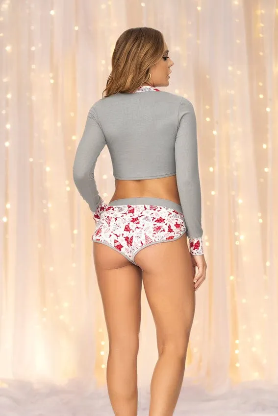 Gray Long-sleeve Ribbed Crop Top & Cheeky Shorts Loungewear