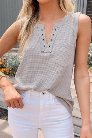 Grey Waffle Knit V Neck Eyelet Tank Top