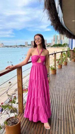 Halter Neckline Fuchsia A-line Long Prom Dress Beach Dresses