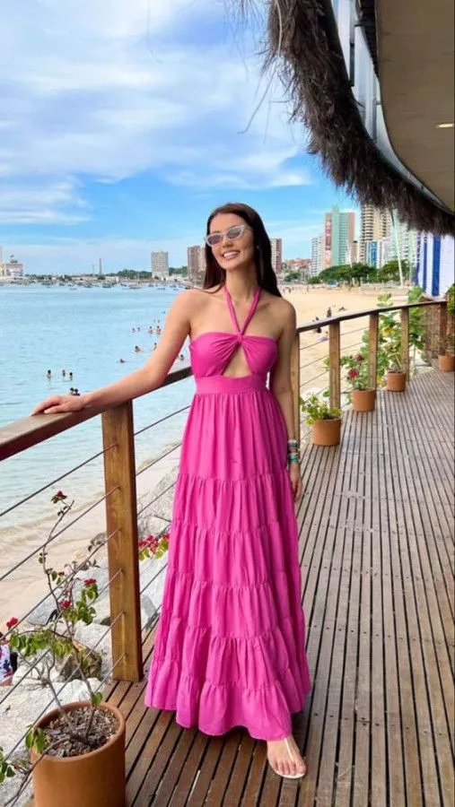 Halter Neckline Fuchsia A-line Long Prom Dress Beach Dresses