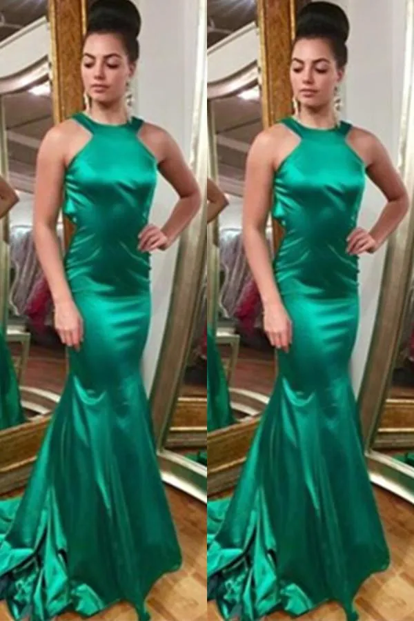 Handmade Simple Cheap Green Long Open Back Mermaid Prom Dresses PFP1131