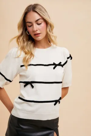 Hazel Blues® |  Annie Wear Striped Bow Round Neck Knit Top