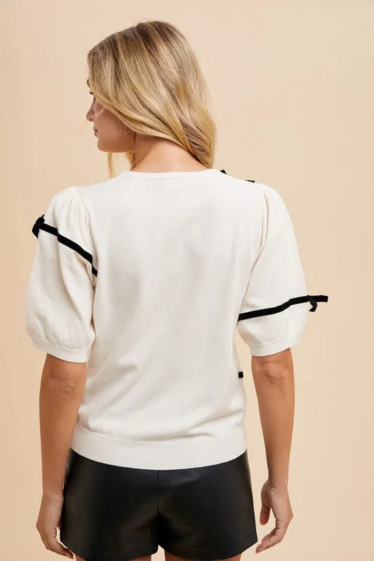 Hazel Blues® |  Annie Wear Striped Bow Round Neck Knit Top