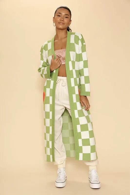 Heart On My Sleeves Open Front Checkered Print Cardigan