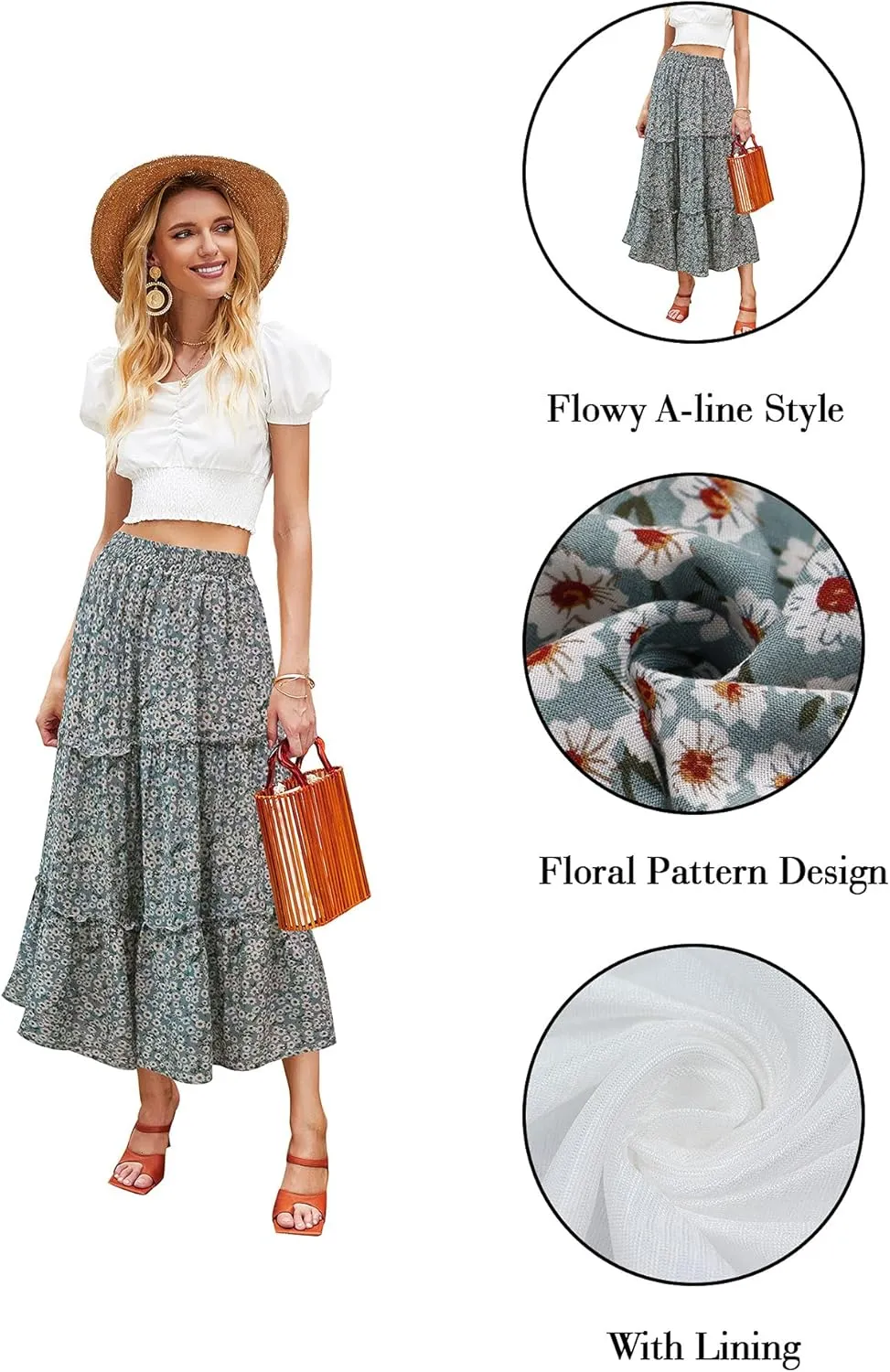 Hibluco Women's Floral Midi Skirts Elastic High Waist A-Line Swing Skirts