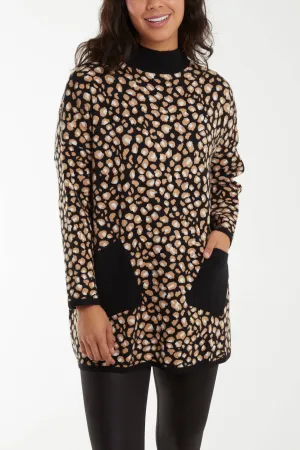 High Neck Animal Print Pocket Jumper