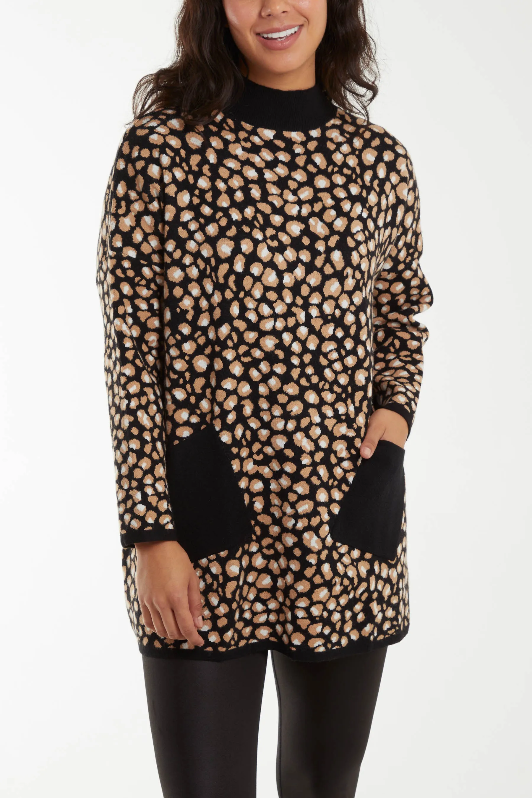 High Neck Animal Print Pocket Jumper