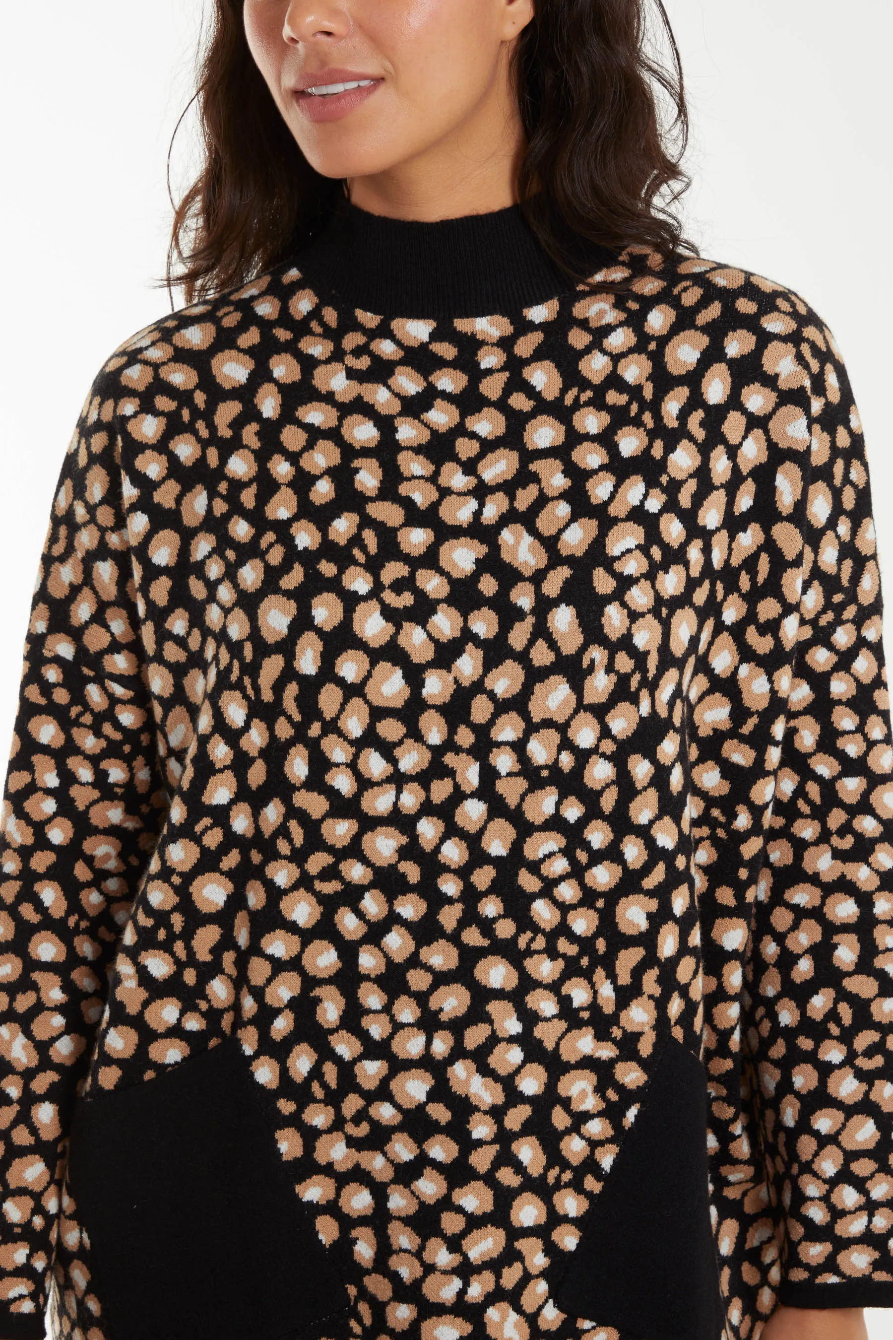High Neck Animal Print Pocket Jumper
