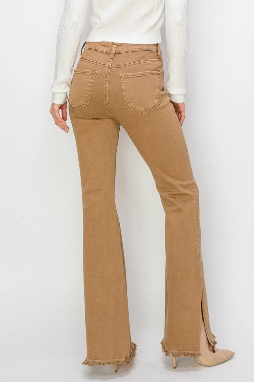 High-Waisted Flared Jeans with Fringe Hem