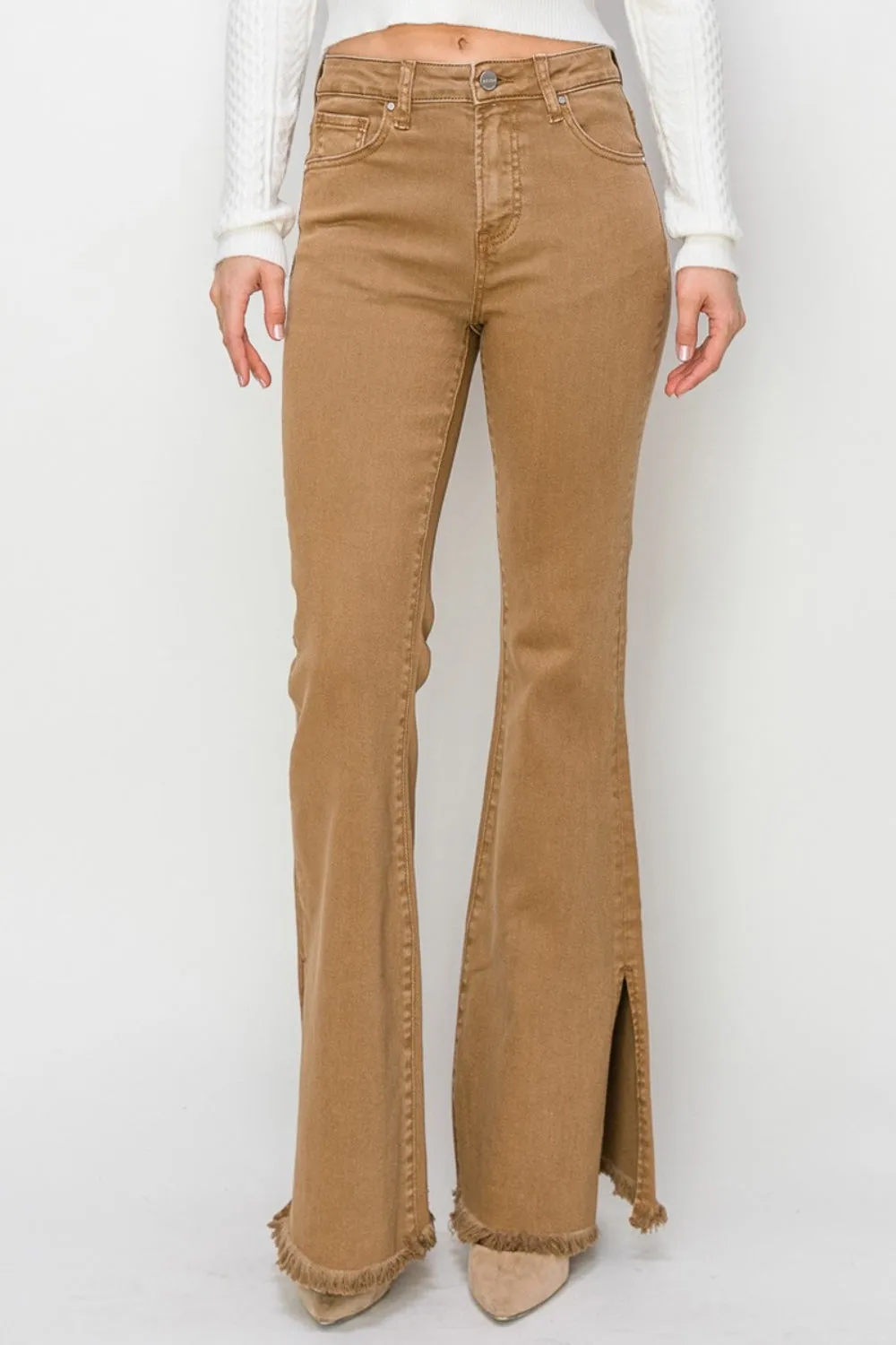 High-Waisted Flared Jeans with Fringe Hem