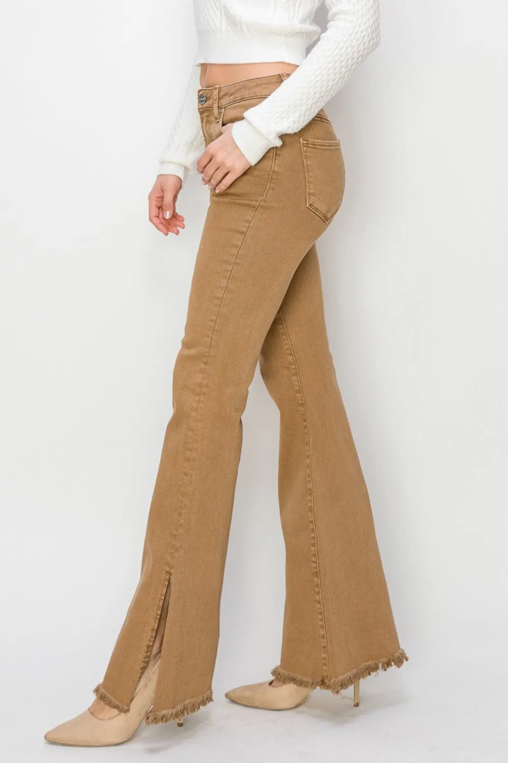 High-Waisted Flared Jeans with Fringe Hem