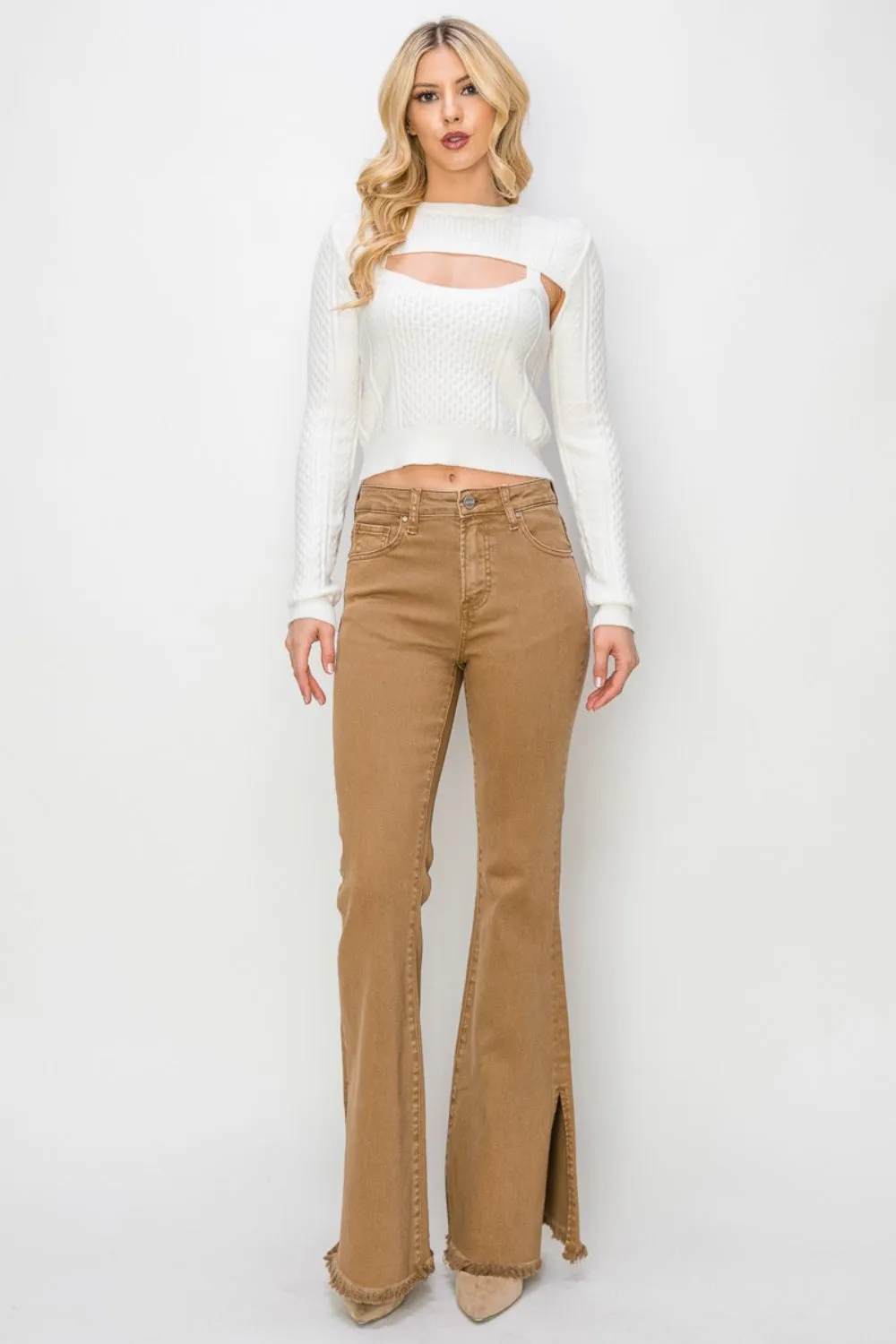 High-Waisted Flared Jeans with Fringe Hem