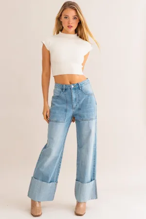 High Waisted Wide Leg Cuffed Jeans